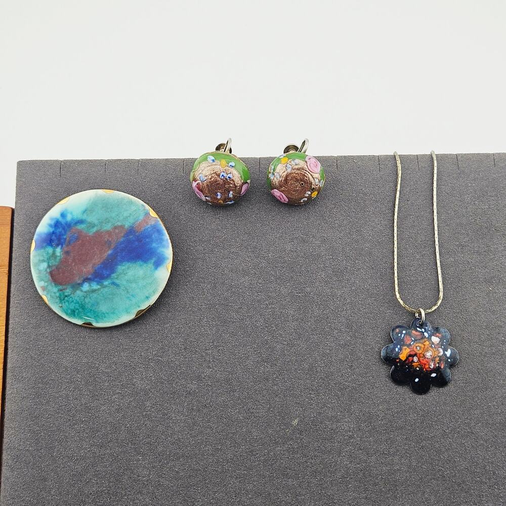 Enamel Jewelry Set Earrings Necklace Brooch Colorful Artsy Renaissance Fairy